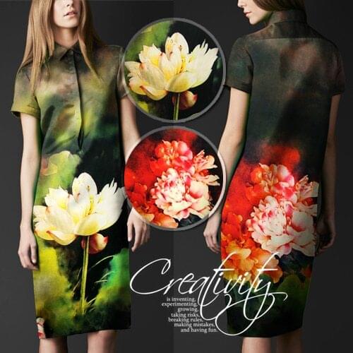 1.08*1.08 m 19mm 94% silk 6% spandex lotus penoy flower print green silk fabric for format dress one-piece dress cheongsam