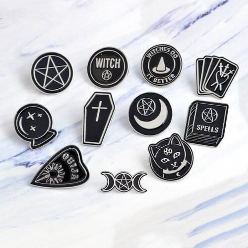 Halloween Party Accessories Punk Dark Black Ouija Moon dagger heart crystal ball spells witches coffin Enamel lapel pin Badge