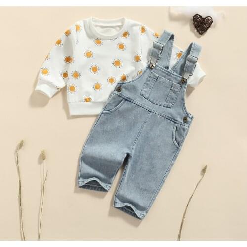 FOCUSNORM 1-4Y Lovely Baby Girls 2pcs Clothes Sets Long Sleeves Sun Print Sweatshirt Tops + Suspender Jeans Pants