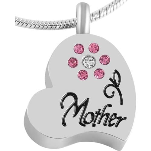 IJD8549 Stainless Steel Pink Crystal Rhinestone Heart Cremation Pendant Keepsake Necklace Ashes Urn Memorial Jewelry for Mother
