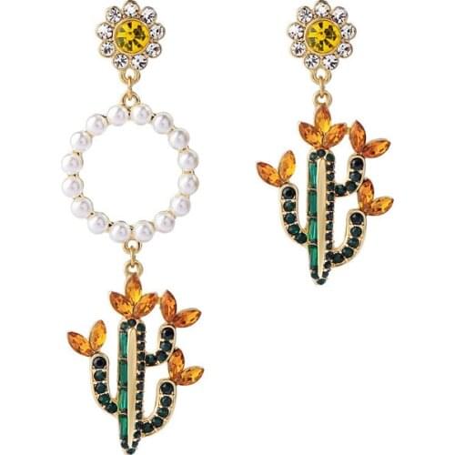 Colorful Oil Cute Cactus Bird Drop Earrings for Women Asymmetric Shiny Crystal Pearl Statement Earrings 2020 Fashion Jewelry