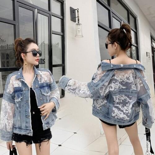 Summer Streetwear Embroidery Lace Patchwork Sexy Denim Jacket Women Frayed Tassel Loose Jeans Coat Plus Size 3XL