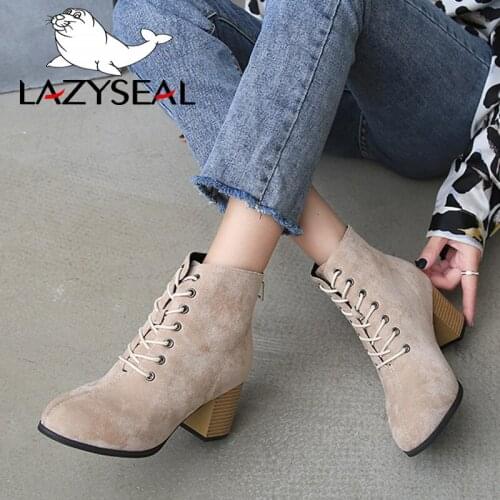 LazySeal Wood Grain Square High Heels Chelsea Boots Women Shoes Woman Boots Cross-tied Back Zipper Ankle Boots For Women Booties