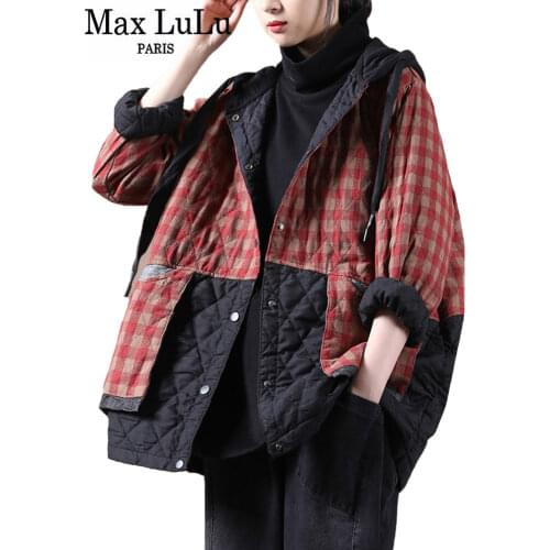 Max LuLu Chinese Fashion Winter Style Streetwear Ladies Loose Hooded Padded Jackets Womens Casual Plaid Vintage Coats Plus Size