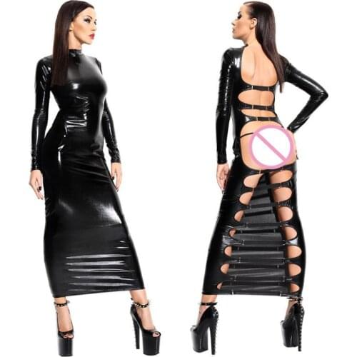 New Arrival Sexy Night Party Dress Women Bandage Dress Backless Clubwear Long Sleeve Vestidos Exotic Faux Leather Dress