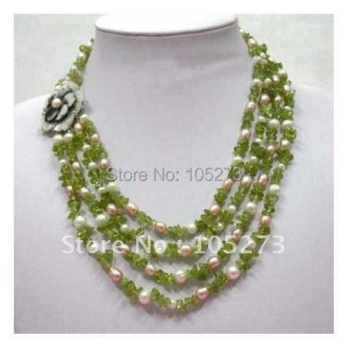 Stunning 4Row White Pink Freshwater Pearl Red Green Peridot Necklace 18'-20inch Fashion Womens Girls Jewelry New Free Shipping