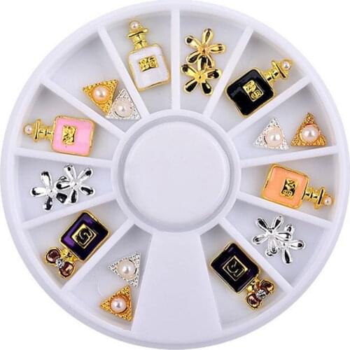 Professional 12 Grid 3D Alloy Enamel Flower Perfume Bottle Rhinestones Nail Art Decoration