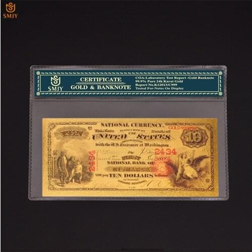 Promotional Gifts 1875 US Gold Banknotes $10 Dollar Money Banknote in 24k Gold With COA Frame For Collection