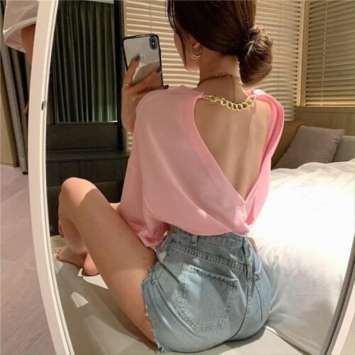 LLZACOOSH Elegant Ladies Blouses Golden Chain Sexy Backless Tops T Shirt 2021 New Korea Summer Fashion Women Clothing
