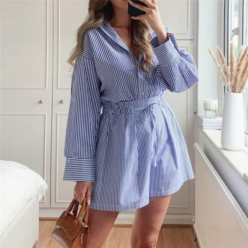 Evfer Women Fashion Drawstring Lace Up High Waist Blue Short Pants Chic Lady Casual Striped Print Summer Loose Shorts
