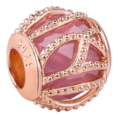 Genuine 925 Sterling Silver Bead Rose Pink Intertwining Radiance Charm Fit Pan Bracelet & Necklace Women DIY Jewelry