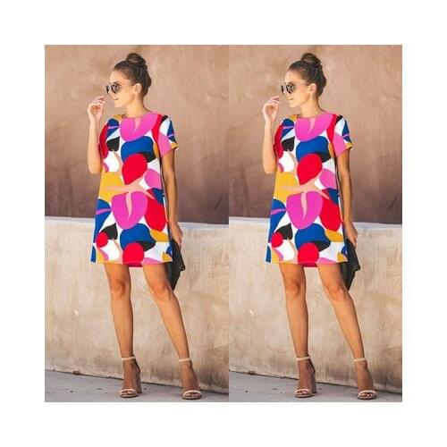 Summer New Womens Round Neck Short Sleeve Multi Color Stitching Print Street Style Lady Mini Dress
