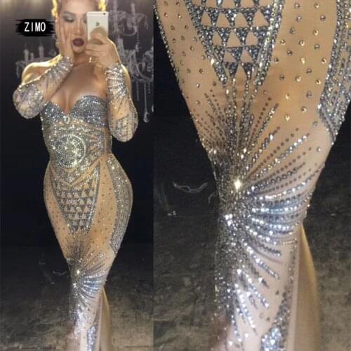 Shiny Long Sleeve Beaded Rhinestone Tight Dress Bodycon Women Dj Nightclub Party Dance Costume Drag Tail Queen Costume Carnival