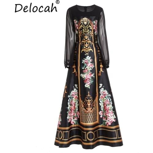 Delocah New 2021 Women Spring Summer Dress Runway Fashion Lantern Sleeve Elegant Floral Print Vintage Party Long A-Line Dresses