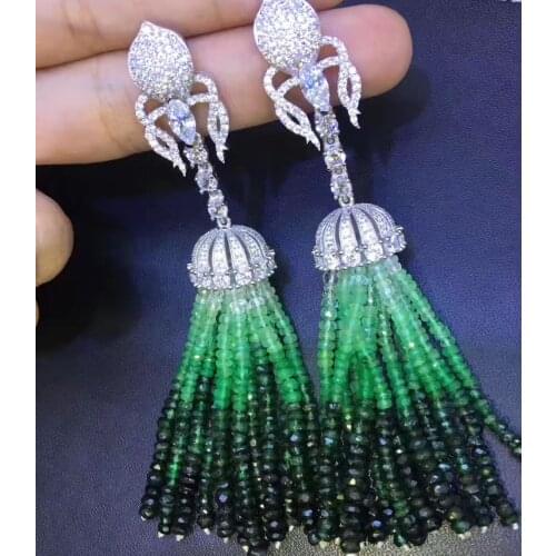 Long tassels earring natural Emerald drop earring 925 sterling silver fine women jewelry Gradient