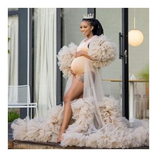 Extra Fluffy Tulle Pregnancy Gowns Long Sleeves Ruffles Sheer See Thru Women Maternity Dresses With Train Robes