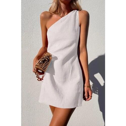 Elegant and Fashionable Summer Sexy One-shoulder Asymmetric Diagonal Collar Cotton and Linen Casual Loose Comfortable Mini Dress