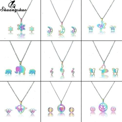 Classic Rainbow Color Moon Star Jewelry Set Stainless Steel Earrings Women Kids Vintage Butterfly Fairy Necklace Pendientes Gift