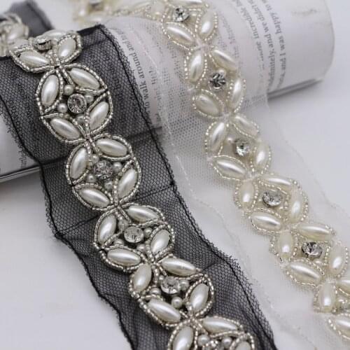 6Yards/lot 4.5cm wide Fake Pearl Rhinestone Beaded Lace Trim Mesh Fabric Wedding Lace Beaded Trim Braid Lace Applique