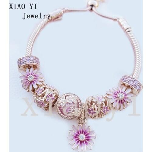 XIAOYI 2020 New 100% S925 Rose color pink flower Daisy hollow zircon clip pull bracelet for girlfriend wedding party female