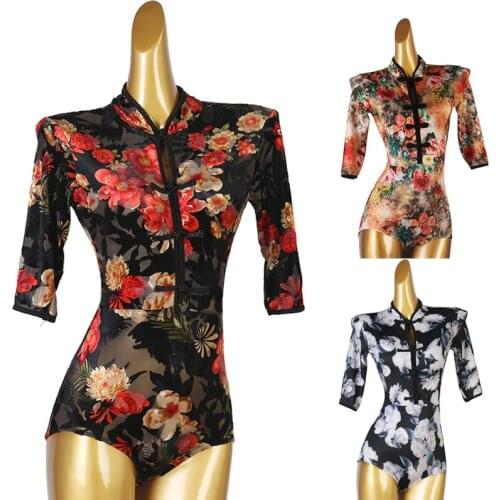 Latin Dance Clothing Cheongsam Collar Modern Ballroom Dance Half Sleeve Flower Print Tops Rumba Tango Dance One-Piece DQL5919