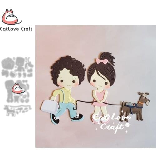 Boy and girl walking the dog Metal Cutting Dies Scrapbooking Stencil Die Cuts Card Making DIY Craft Embossing New Dies For 2021
