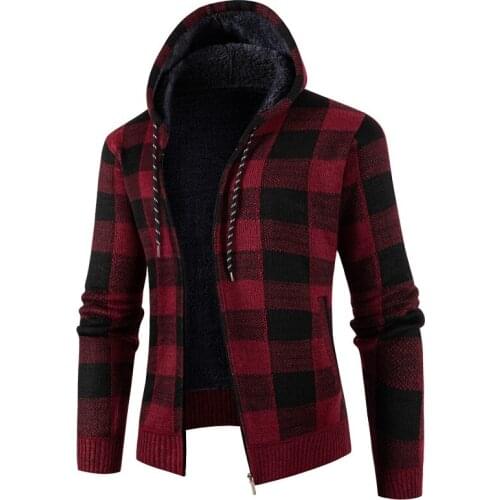 2021 Autumn Korean Hooded Mens Sweater with Thick and Velvet Mens Cardigan Knitted Sweater Coat Grid Jacket Male M-3XL 8738
