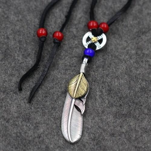 S925 Sterling Silver Takahashi Goro Feather Pendant Glass Beads Buckskin Rope Retro Thai Silver Men And Women A Set Necklace