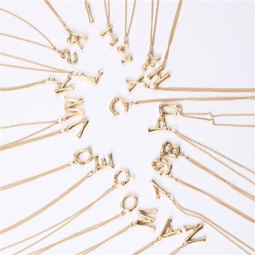 Titanium Stainless Steel Small Gold Bamboo Letter Charms Alphabet A-Z Initial Pendant Necklace Fashion Link Chain Neck Jewelry