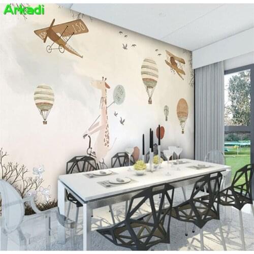 Custom 3D Photo Wallpaper Modern Cartoon Hand-painted Hot Air Balloon Airplane Giraffe Mural Childrens Room Amusement Park