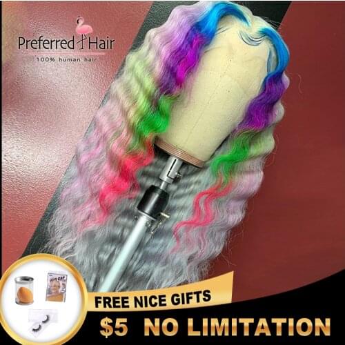 Preferred Rainbow Deep Wave Wig Brazilian Remy Ombre Human Hair Wig Highlight PrePlucked Lace Front Human Hair Wigs for Women