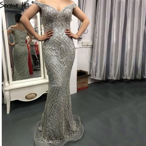 Silver Luxury Sexy Mermaid Evening Dresses 2020 Diamond Beading Off Shoulder Evening Gowns Real Photo LA6406