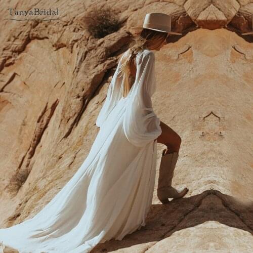 Long Sleeve Chiffon Wedding Dresses Deep V-Neck Backless Bohemian Wing Bridal Gowns A Line Vestido De Noivas Chic DW441