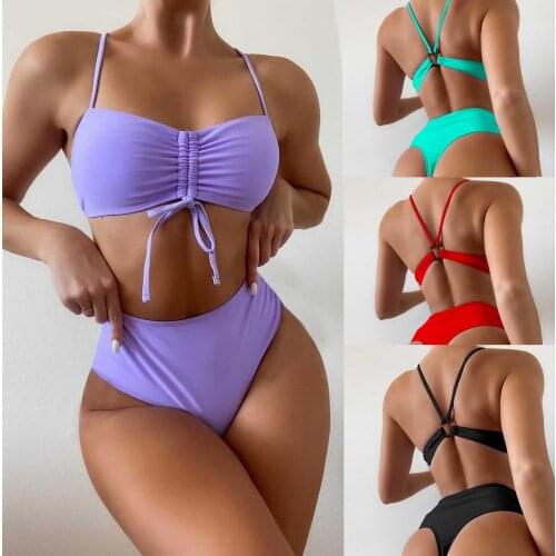 Sexy Women High Waist Bikini Set Solid Ring Up Swimsuit Two Piece Bikinis Push-Up Padded Black Swimsuits Swimwear Beachwear