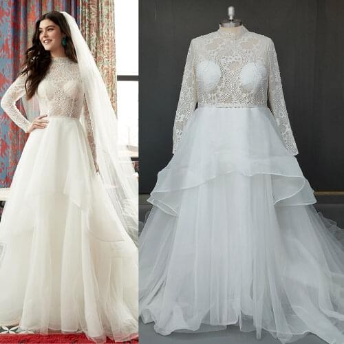 High Neck Long Sleeves Arabic Lace Wedding Dress Organza Custom Made Conservative Plus Size Muslim Covered Buttons Bridal Gowns