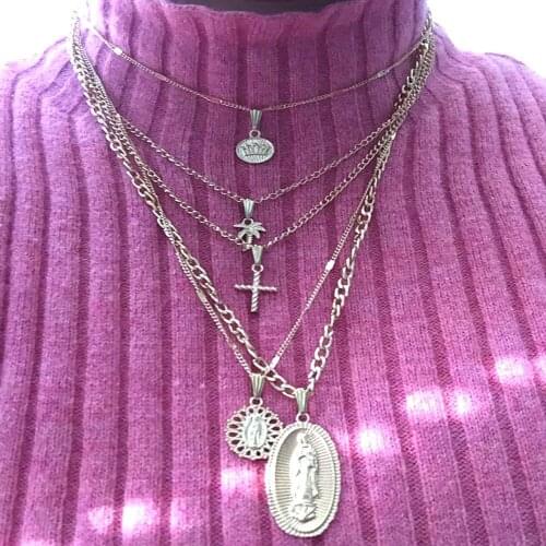 Vintage MultiLayer Christ Cross Pendant Necklace Statement Virgin Mary Religious Chain Gold Necklace Women Choker Punk Jewelry