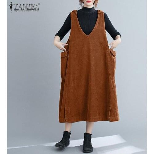 Vintage Corduroy Overall Dress Women Spring Hooded Sundress ZANZEA 2021 Casual V Neck Tank Vestidos Female Solid Pockets Robe 7