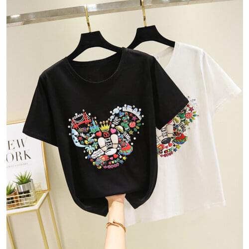 Cartoon Short Sleeve T-shirt Womens Summer 2021 Personalized Printed White Beaded Loose T-shirt Top
