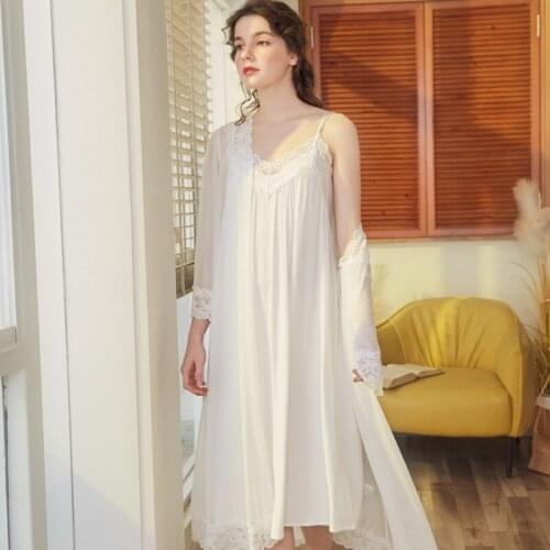 Fall Nightgown For Women Lace Robe Set Two-piece Robe Nightdress Sweet Princess Sleepwear Home Dress Lace