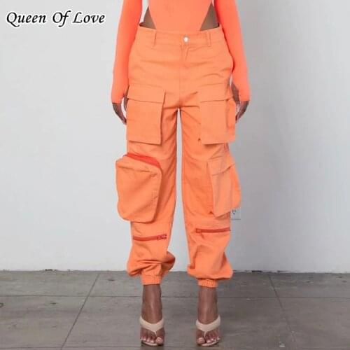 Good Quality Women High Waist Cargo Orange Pants 2021 Spring Autumn Loose Harajuku BF Pocket Design Trousers