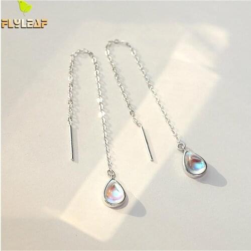 Flyleaf Nature Moonstone Water Droplets Drop Earrings For Women Real 925 Sterling Silver Long Earings Fashion Jewelry Fine Party