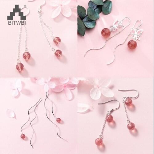 100% Solid Real 925 Sterling Silver Sweet Tassel Strawberry Crystal Butterfly Drop Earrings For Women Fine Jewelry