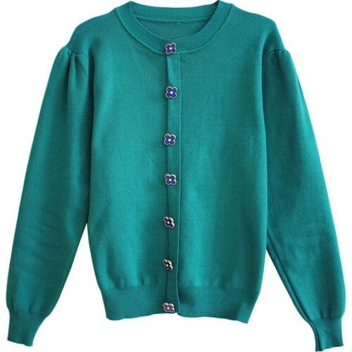 VSUE Women Green Black Sweater Knitted Long Sleeve Solid Petal Button Pullovers Casual O-neck Spring Sweater M0389