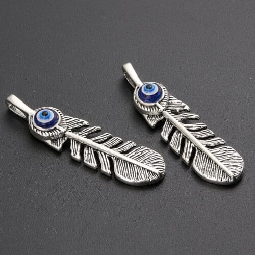 10Pcs Silver Color Leaves Charms With Devils Eye Pendant Making Jewelry Necklaces Crafts Accessories 49X12mm A2537