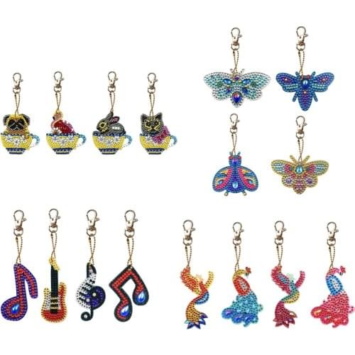 4 Pcs Fashion Key Chains DIY Full Drill Special Shaped Diamond Painting Cute Bee Phenix Keychain Pendants Bags Accessories