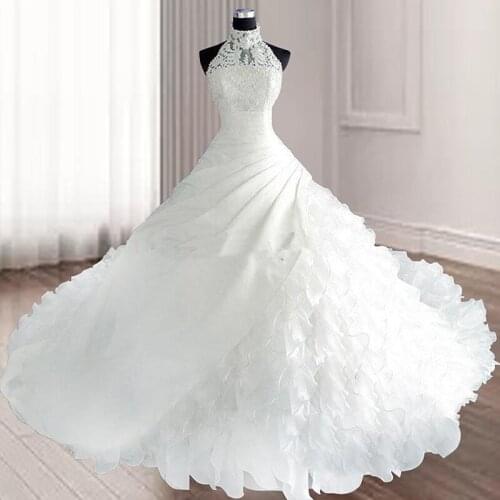 Ruched Halter Neck Princess Ball Gown Wedding Dress Cathedral Train Wedding Gown