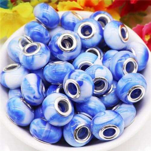 10Pcs Blue Color Print Big Hole Round Loose Fimo Clay Beads European Spacer Charms Slide Snake Chain Bracelet Necklace Jewelry