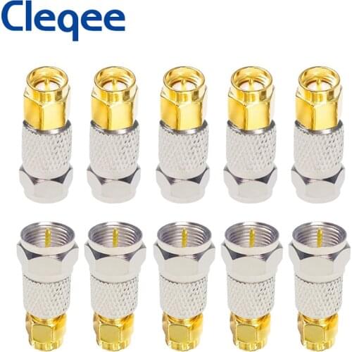 Cleqee 10pcs F Type Male Plug To SMA Male Plug Adapter Straight RF Coaxial Converter F Connector To SMA Convertor Gold Tone