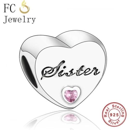 FC Jewelry Fit Original Brand Charm Bracelet 925 Silver Sister Love Heart Pink Zircon Beads For Making Berloque New Arrival