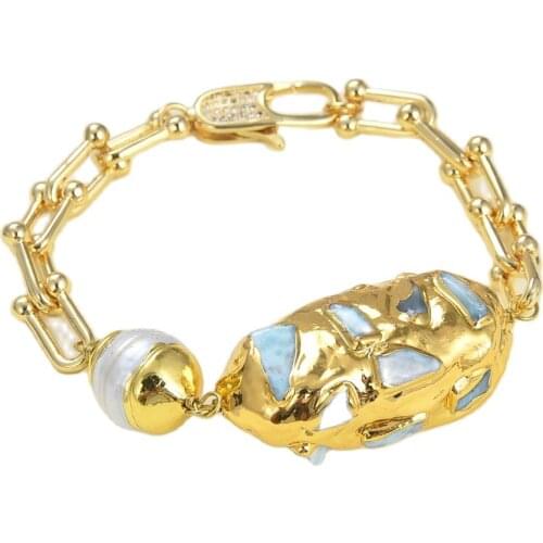 GG Jewelry Natural White Pearl Blue Larimar Rough Gold Plated Chain Olive shape Bracelet 8" CZ Clasp Lady Jewelry